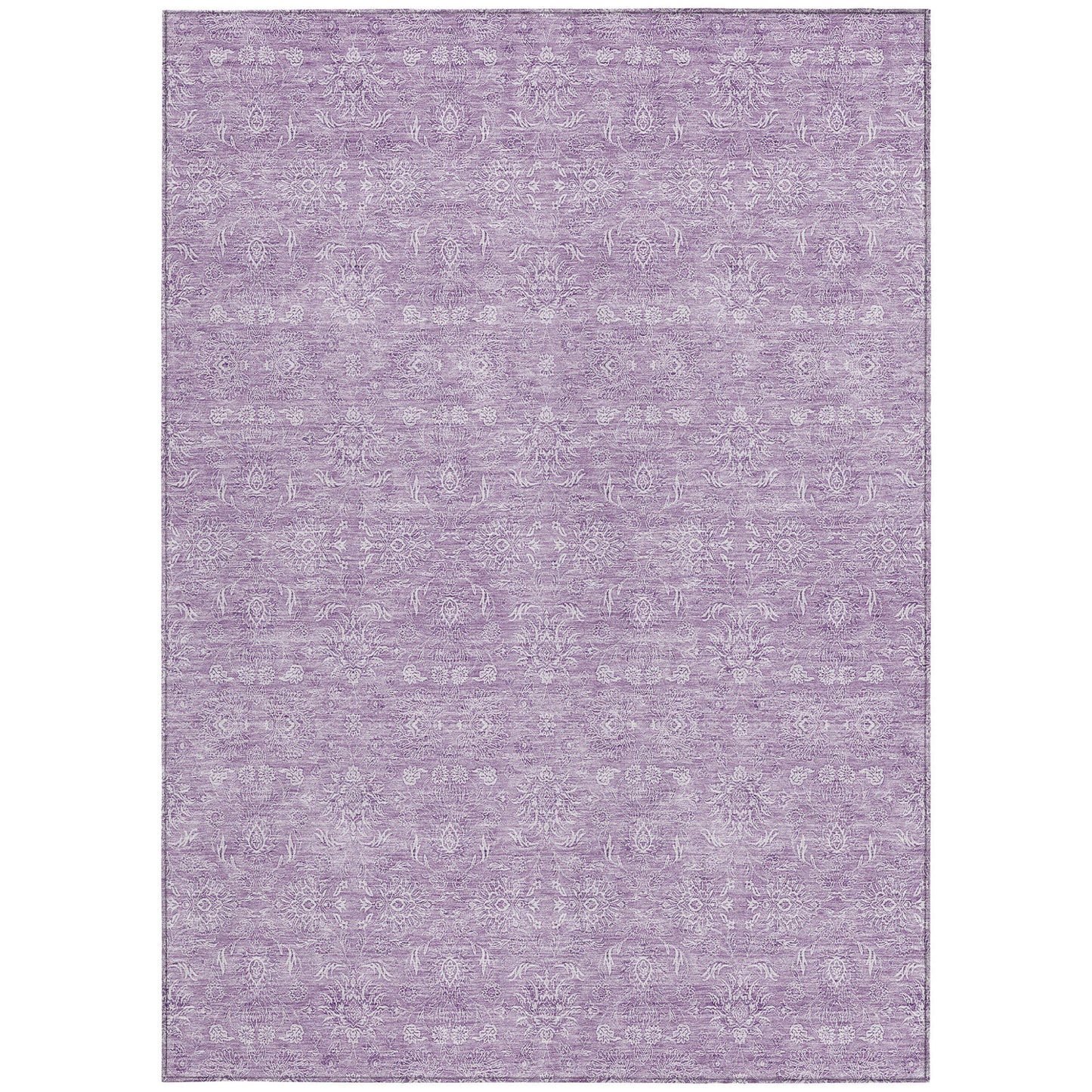 9' X 12' Lavender Lilac And Ivory Floral Washable Indoor Outdoor Area Rug