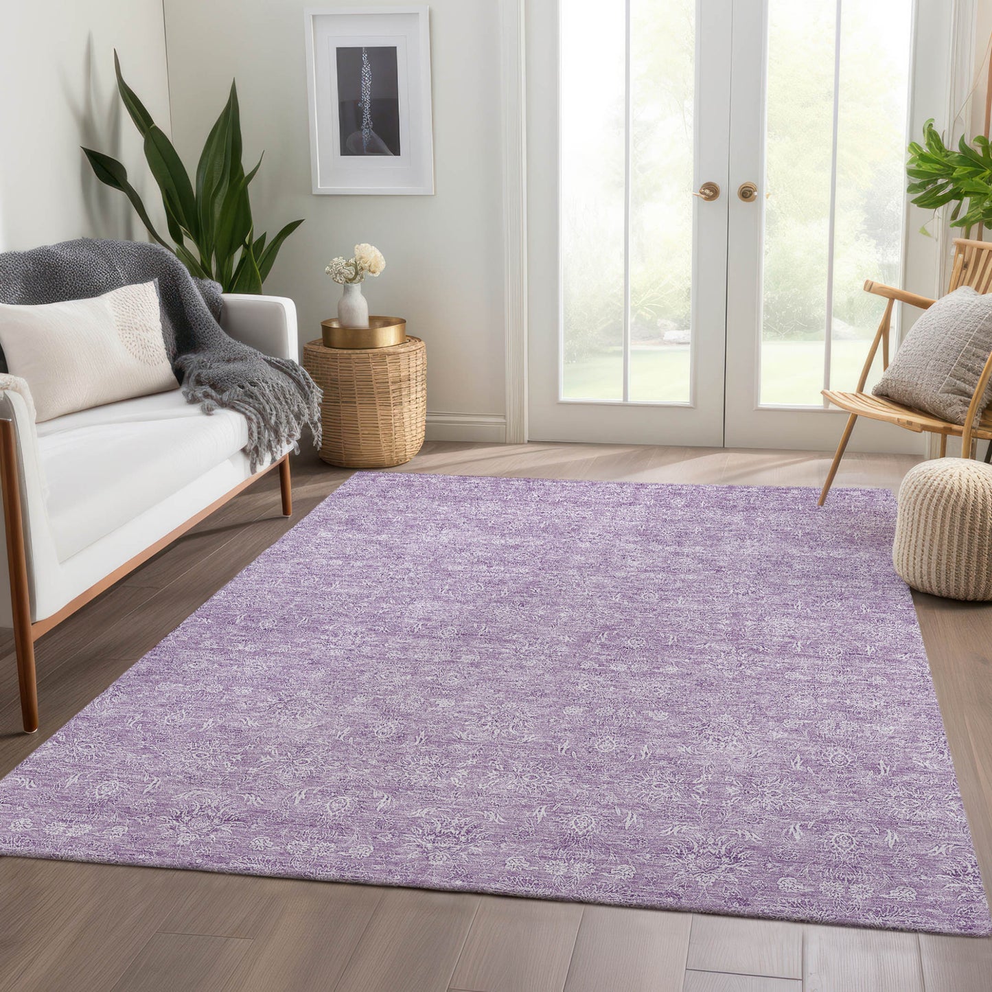 9' X 12' Lavender Lilac And Ivory Floral Washable Indoor Outdoor Area Rug