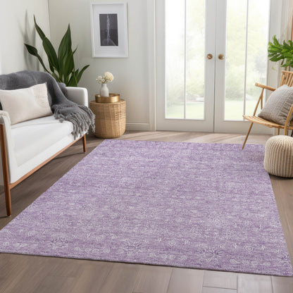 9' X 12' Lavender Lilac And Ivory Floral Washable Indoor Outdoor Area Rug