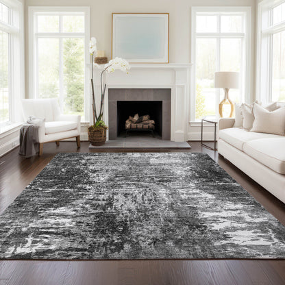 10' X 14' Gray Charcoal And Silver Abstract Washable Indoor Outdoor Area Rug