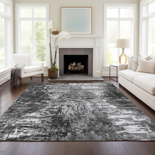 10' X 14' Gray Charcoal And Silver Abstract Washable Indoor Outdoor Area Rug