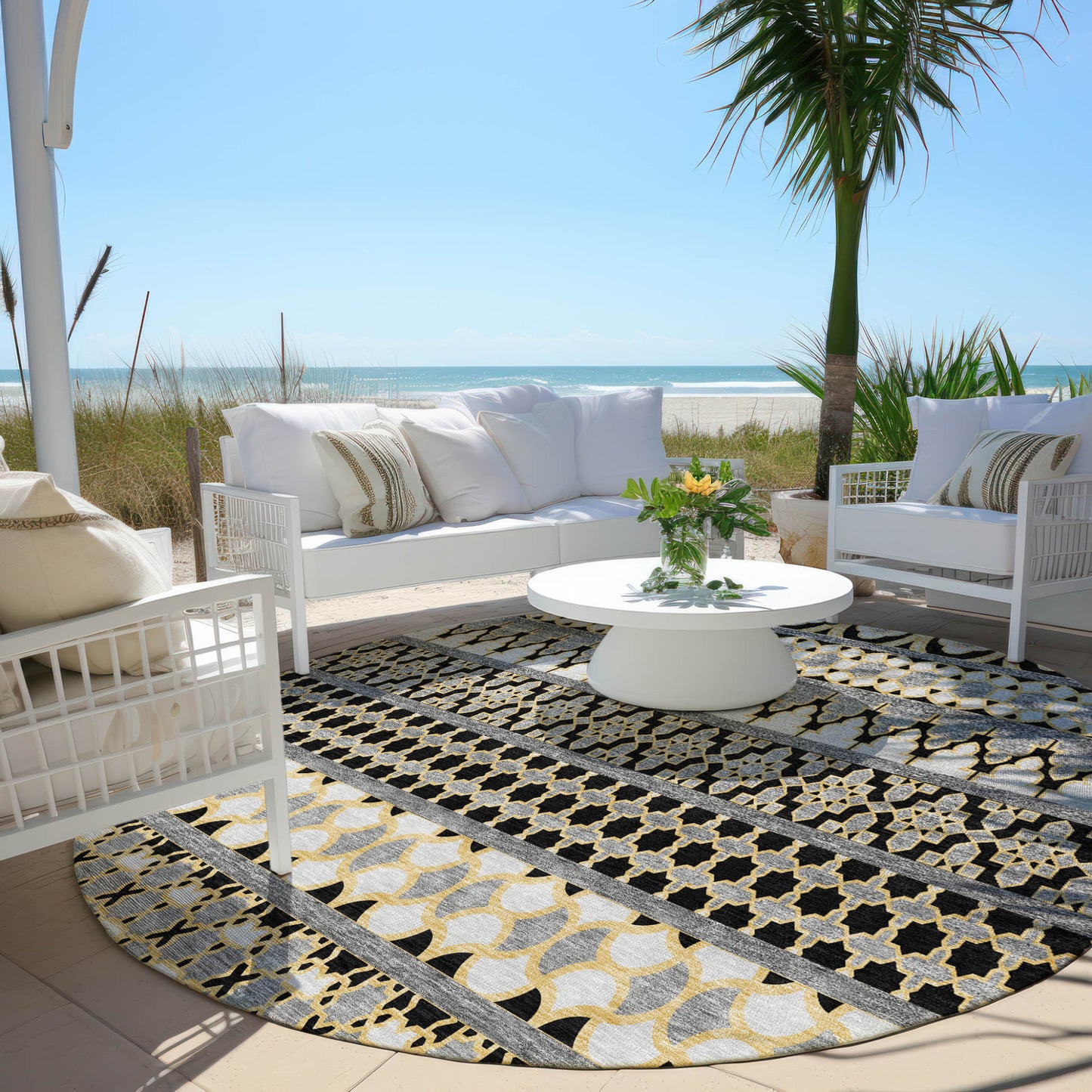 8' Charcoal Gray And Gold Round Quatrefoil Washable Indoor Outdoor Area Rug