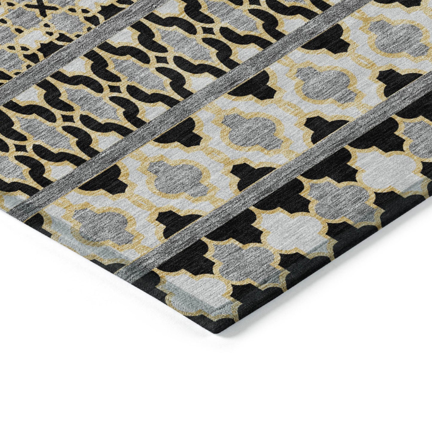 8' Charcoal Gray And Gold Round Quatrefoil Washable Indoor Outdoor Area Rug