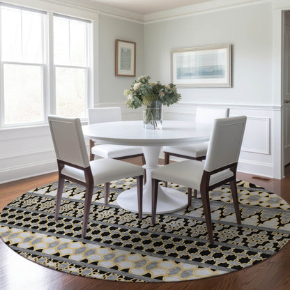 8' Charcoal Gray And Gold Round Quatrefoil Washable Indoor Outdoor Area Rug