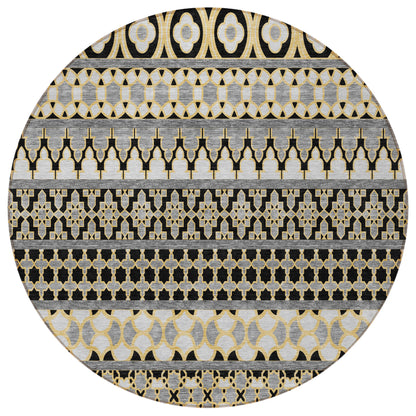 8' Charcoal Gray And Gold Round Quatrefoil Washable Indoor Outdoor Area Rug