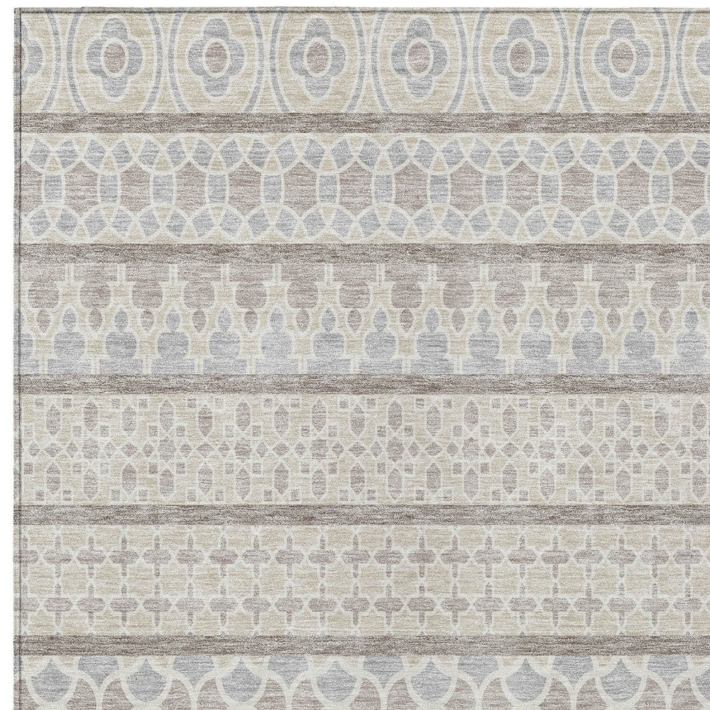 3' X 5' Ivory Beige And Taupe Quatrefoil Washable Indoor Outdoor Area Rug