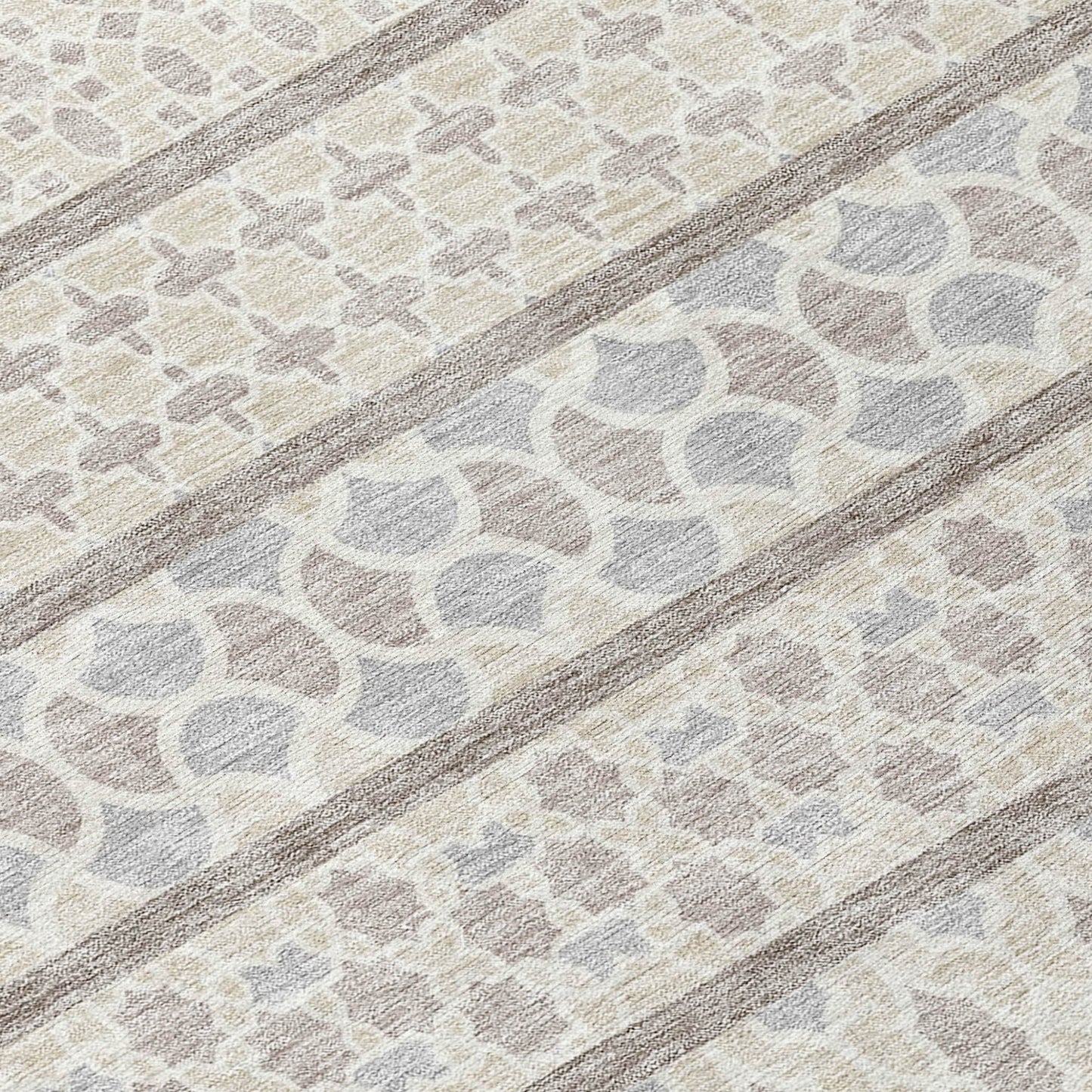 3' X 5' Ivory Beige And Taupe Quatrefoil Washable Indoor Outdoor Area Rug