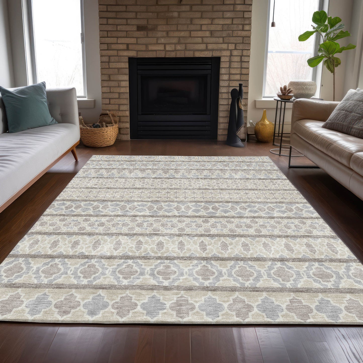 3' X 5' Ivory Beige And Taupe Quatrefoil Washable Indoor Outdoor Area Rug