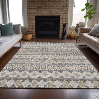 5' X 8' Taupe Beige And Gray Quatrefoil Washable Indoor Outdoor Area Rug