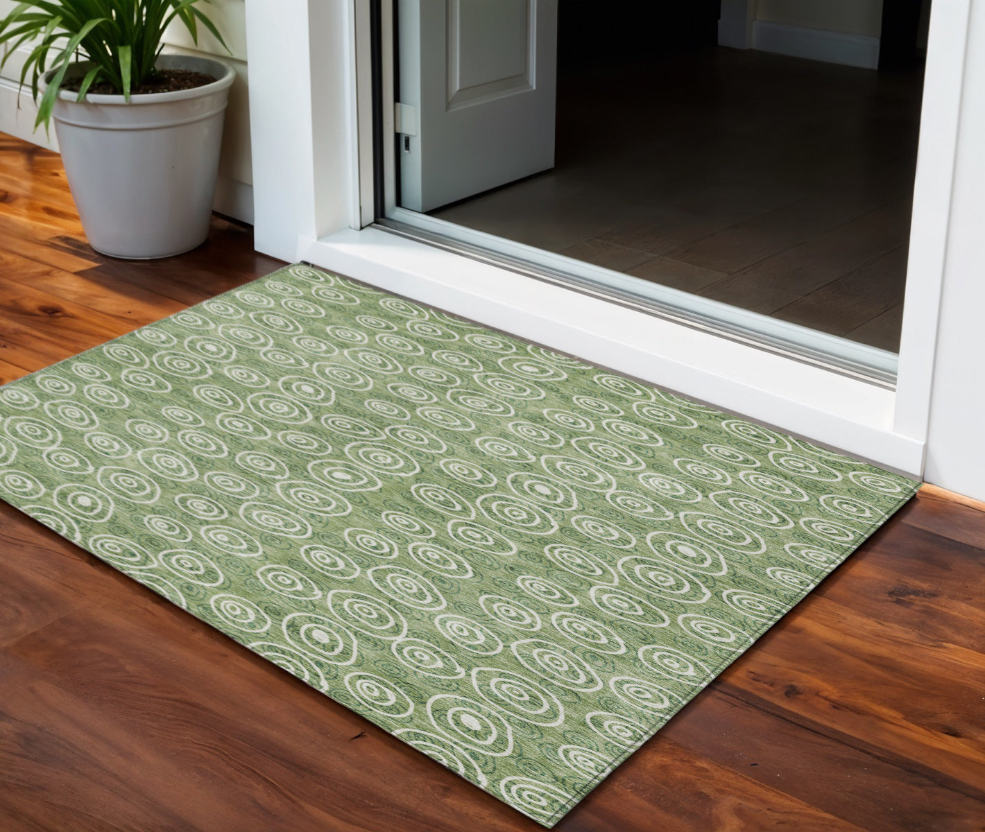 3' X 5' Green And Ivory Geometric Washable Indoor Outdoor Area Rug