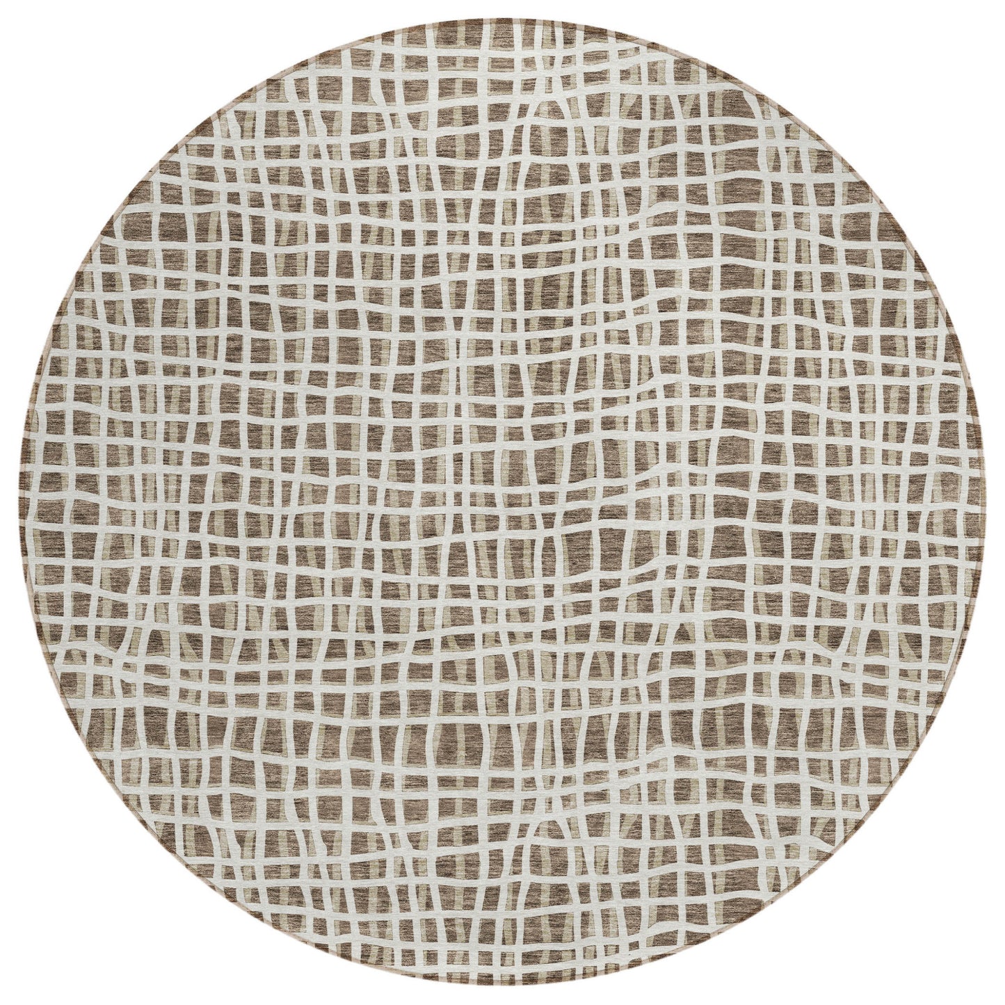 8' Brown Beige And Ivory Round Striped Washable Indoor Outdoor Area Rug