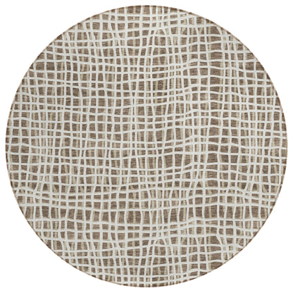 8' Brown Beige And Ivory Round Striped Washable Indoor Outdoor Area Rug
