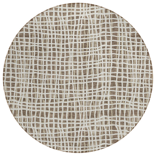 8' Brown Beige And Ivory Round Striped Washable Indoor Outdoor Area Rug