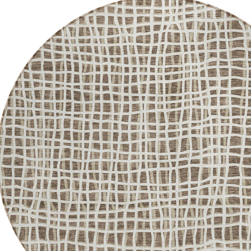 8' Brown Beige And Ivory Round Striped Washable Indoor Outdoor Area Rug