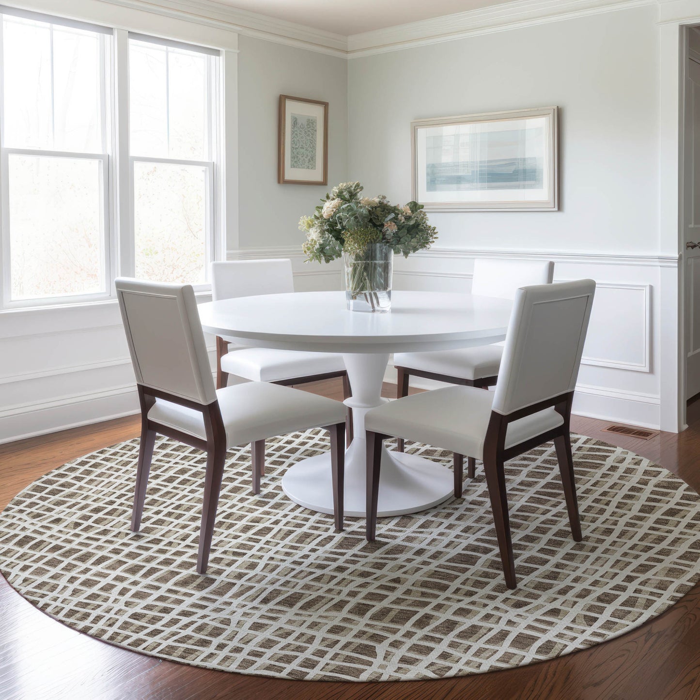 8' Brown Beige And Ivory Round Striped Washable Indoor Outdoor Area Rug