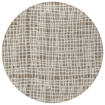 8' Brown Beige And Ivory Round Striped Washable Indoor Outdoor Area Rug