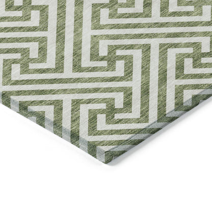 10' X 14' Green And Beige Geometric Washable Indoor Outdoor Area Rug