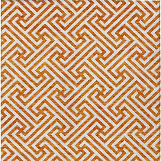 5' X 8' Orange And Ivory Geometric Washable Indoor Outdoor Area Rug
