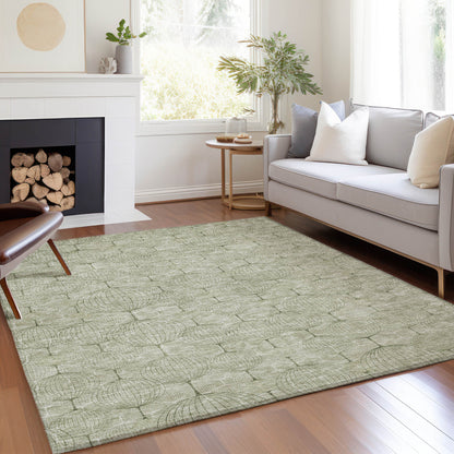 8' X 10' Artichoke Green And Ivory Geometric Washable Indoor Outdoor Area Rug