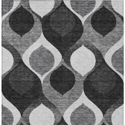 9' X 12' Black Silver And Charcoal Ogee Washable Indoor Outdoor Area Rug