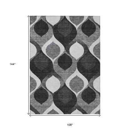 9' X 12' Black Silver And Charcoal Ogee Washable Indoor Outdoor Area Rug