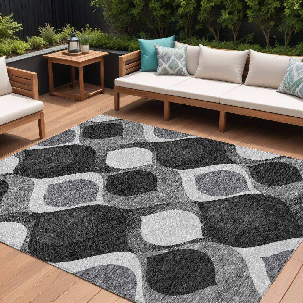9' X 12' Black Silver And Charcoal Ogee Washable Indoor Outdoor Area Rug