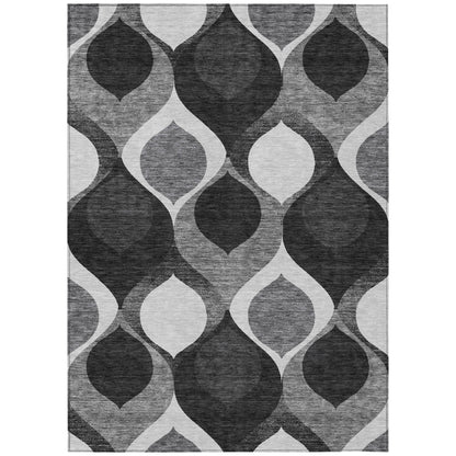 9' X 12' Black Silver And Charcoal Ogee Washable Indoor Outdoor Area Rug