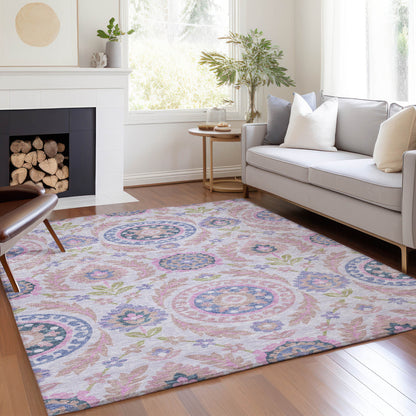 8' X 10' Blush Lavender And Purple Floral Washable Indoor Outdoor Area Rug