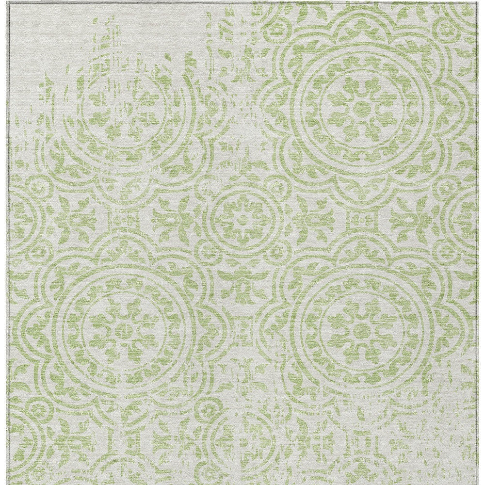 3' X 5' Artichoke Green And Ivory Medallion Washable Indoor Outdoor Area Rug