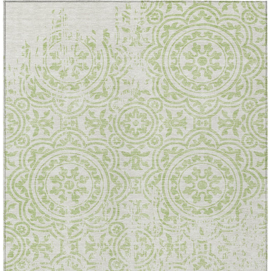 3' X 5' Artichoke Green And Ivory Medallion Washable Indoor Outdoor Area Rug