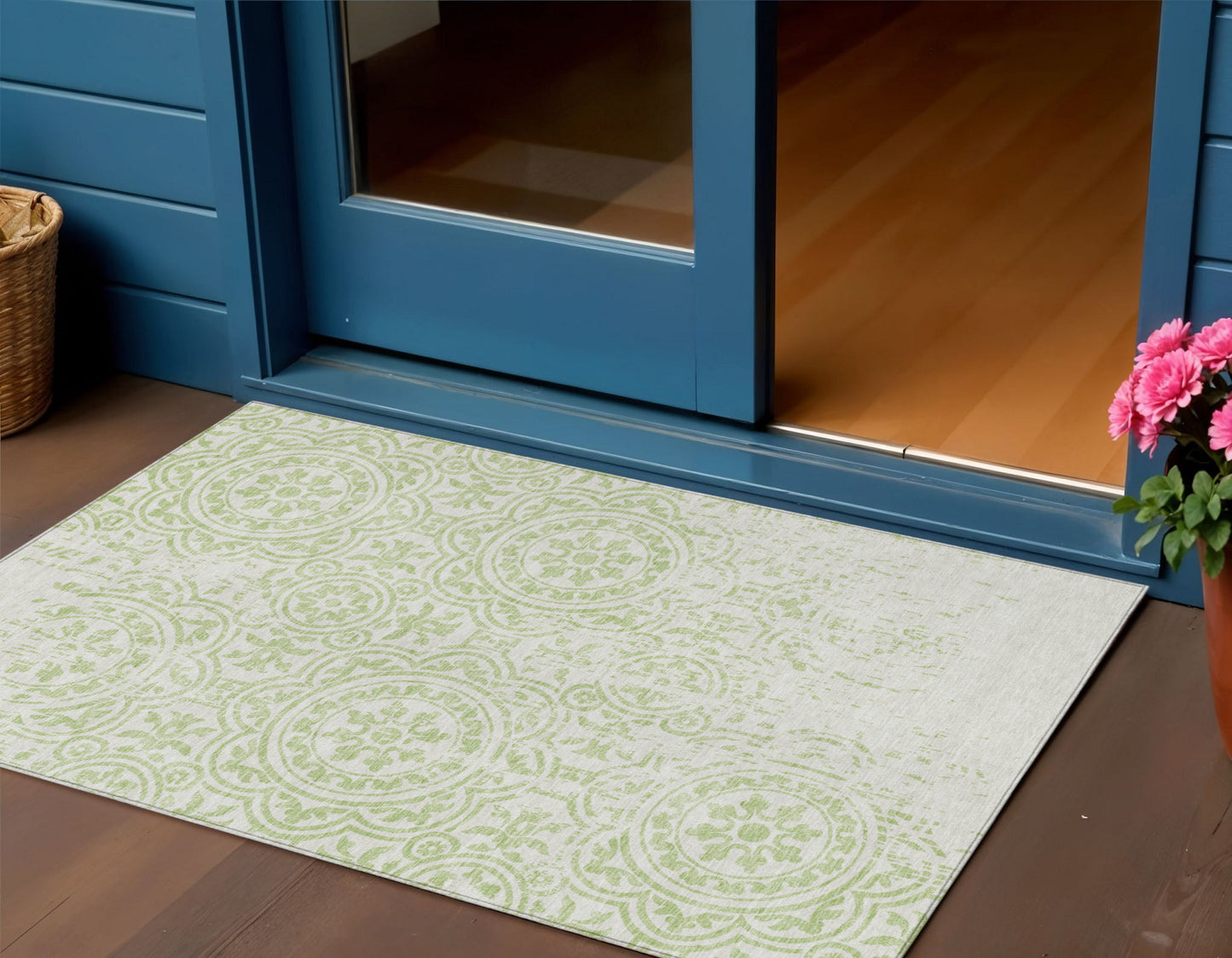 3' X 5' Artichoke Green And Ivory Medallion Washable Indoor Outdoor Area Rug