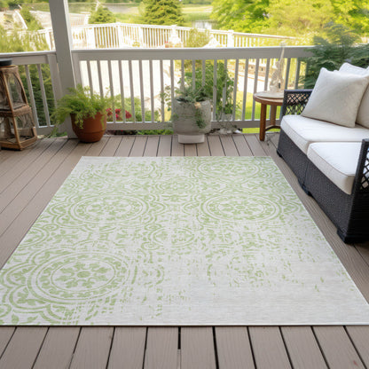 3' X 5' Artichoke Green And Ivory Medallion Washable Indoor Outdoor Area Rug