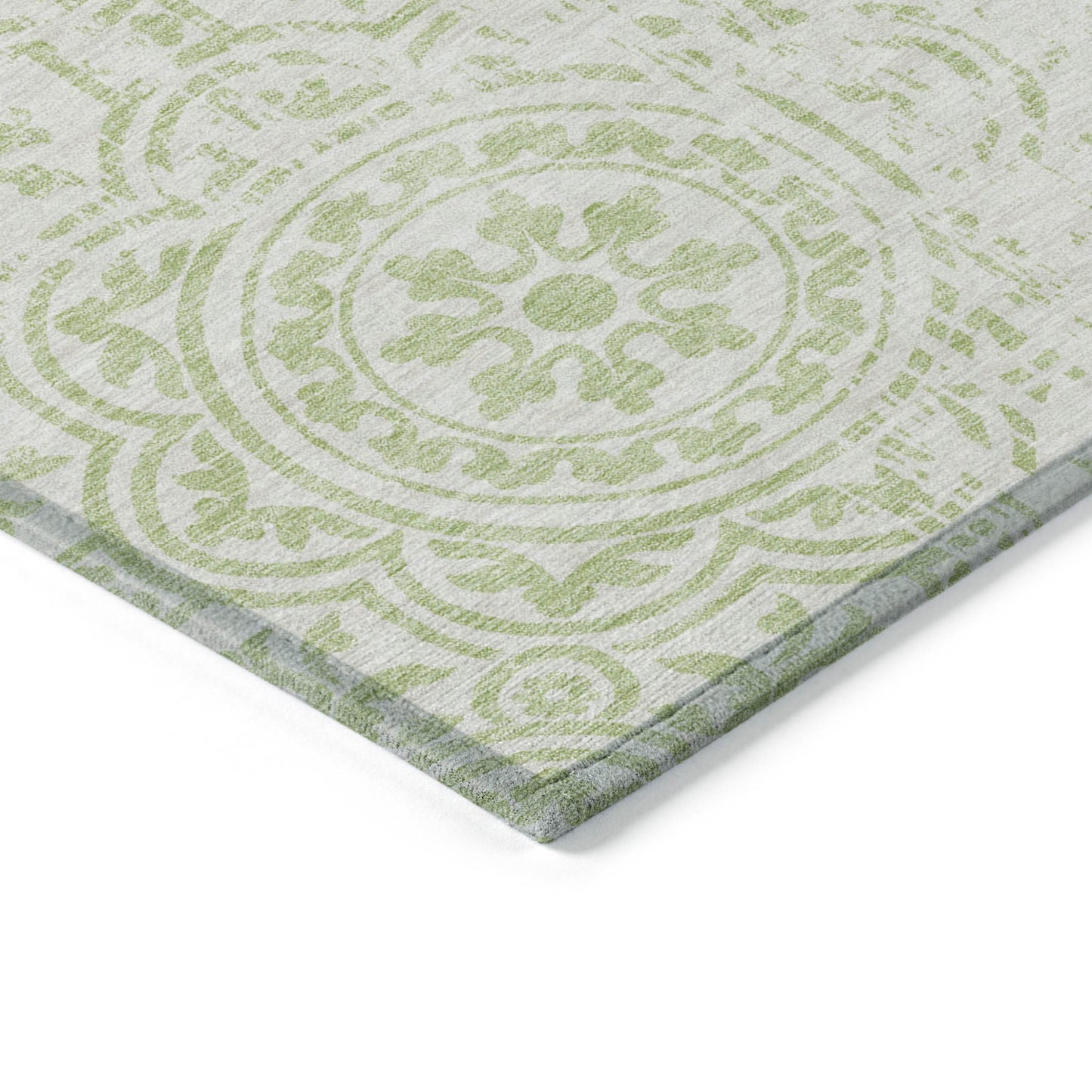 3' X 5' Artichoke Green And Ivory Medallion Washable Indoor Outdoor Area Rug