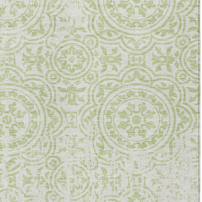 3' X 5' Artichoke Green And Ivory Medallion Washable Indoor Outdoor Area Rug