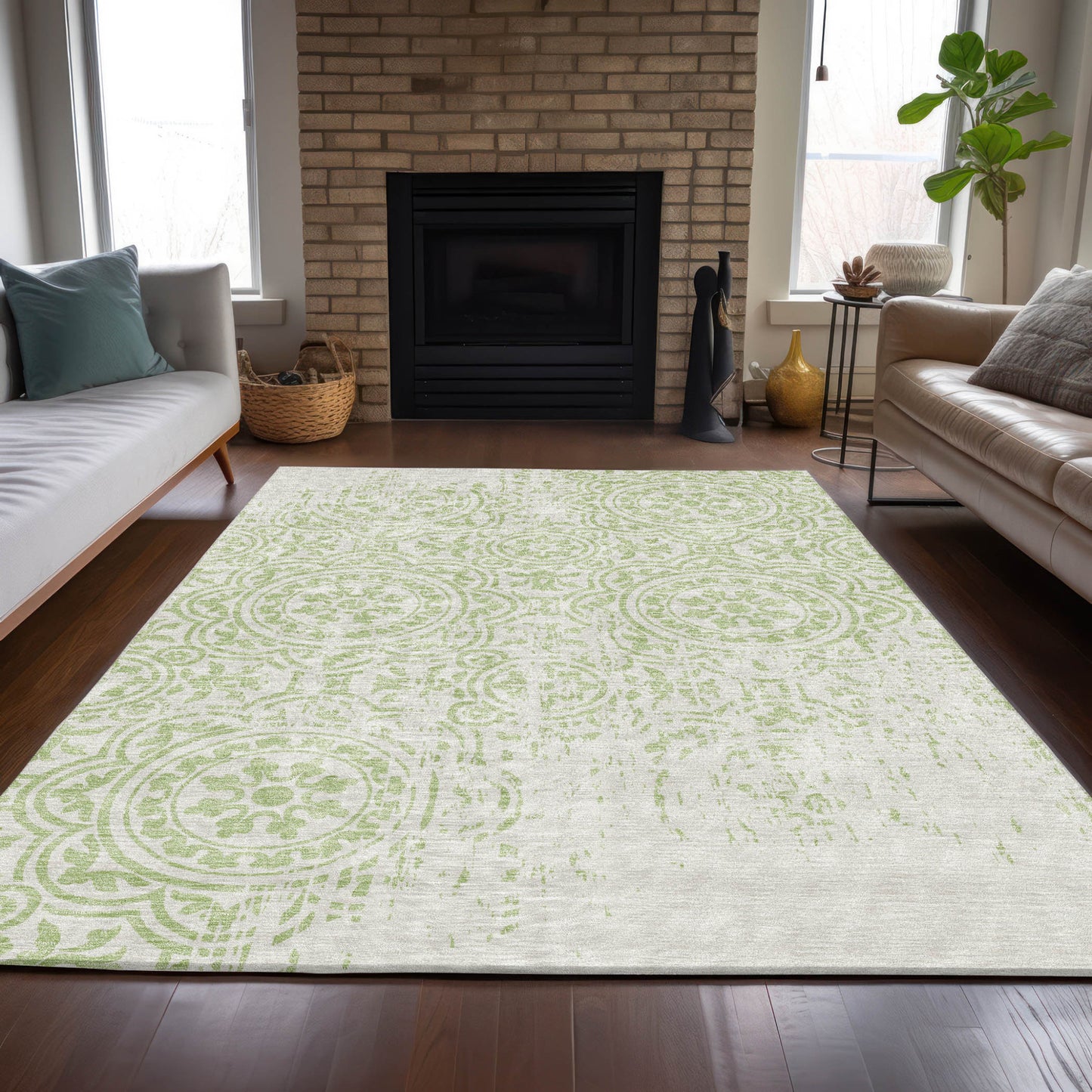 3' X 5' Artichoke Green And Ivory Medallion Washable Indoor Outdoor Area Rug