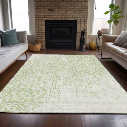 3' X 5' Artichoke Green And Ivory Medallion Washable Indoor Outdoor Area Rug