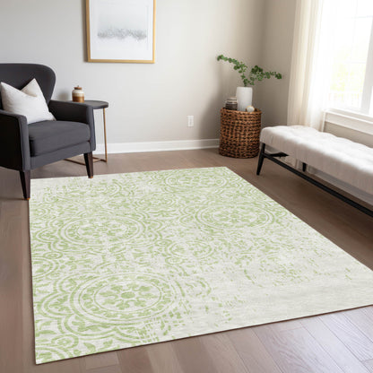 3' X 5' Artichoke Green And Ivory Medallion Washable Indoor Outdoor Area Rug