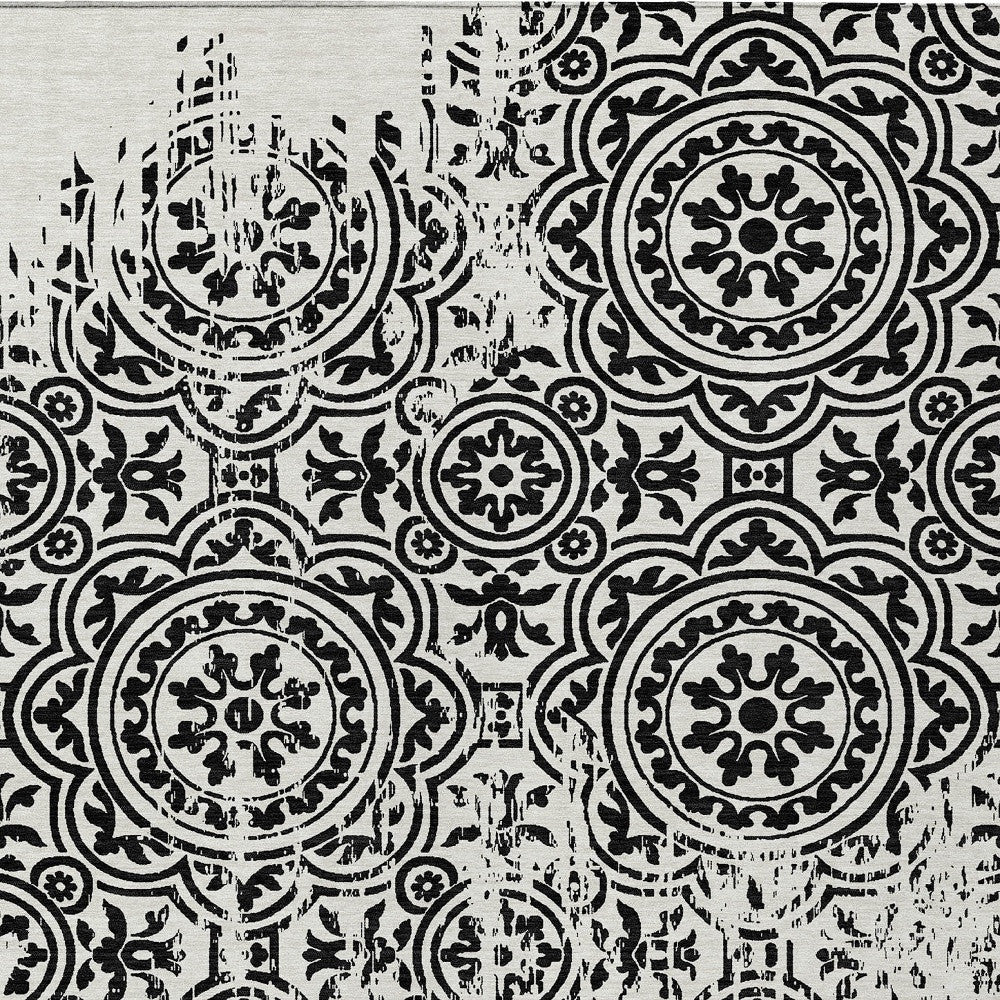 10' X 14' Black And Ivory Medallion Washable Indoor Outdoor Area Rug
