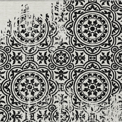 10' X 14' Black And Ivory Medallion Washable Indoor Outdoor Area Rug