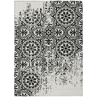 10' X 14' Black And Ivory Medallion Washable Indoor Outdoor Area Rug