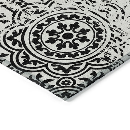 10' X 14' Black And Ivory Medallion Washable Indoor Outdoor Area Rug