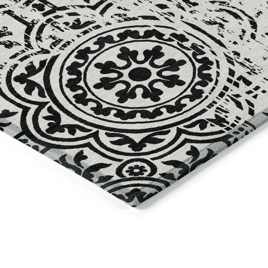 10' X 14' Black And Ivory Medallion Washable Indoor Outdoor Area Rug
