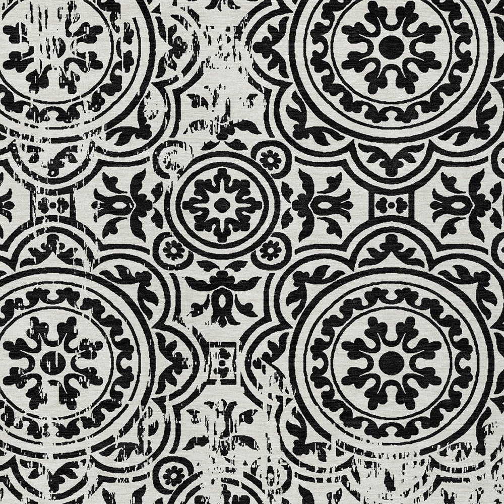 10' X 14' Black And Ivory Medallion Washable Indoor Outdoor Area Rug