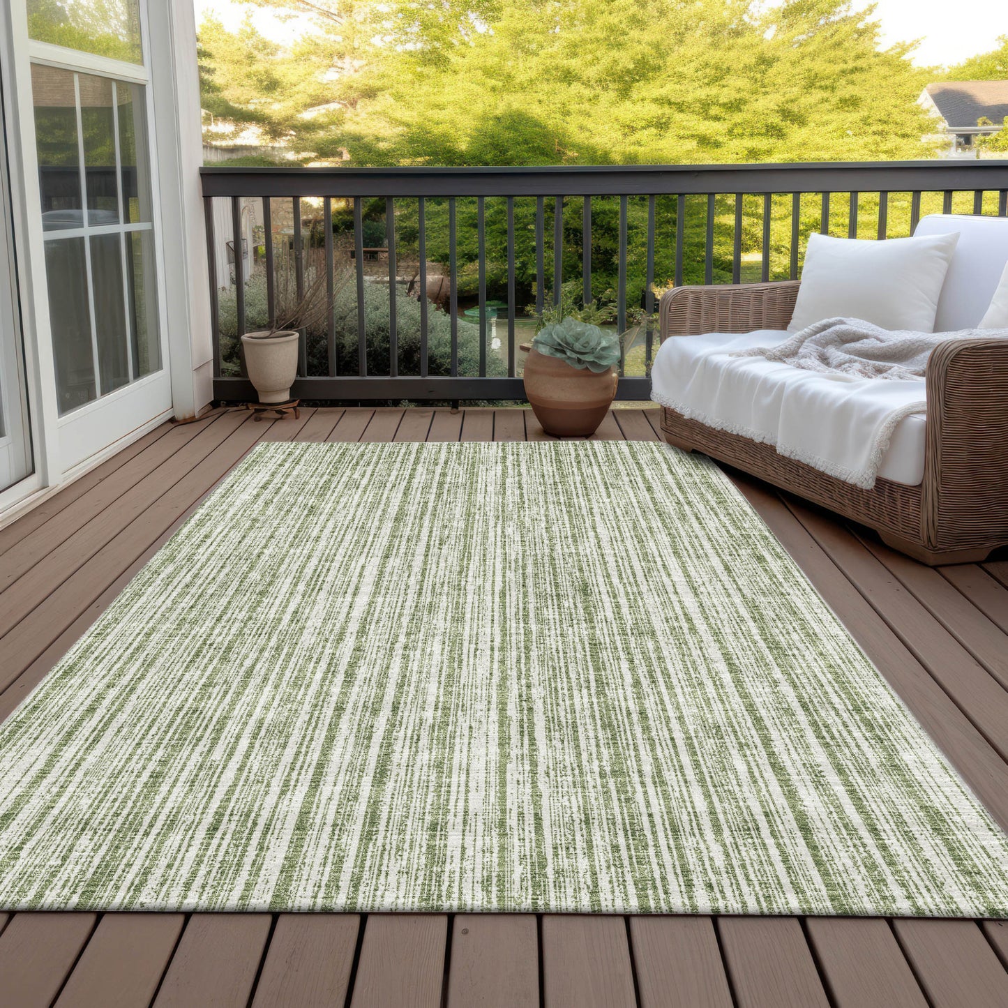 10' X 14' Green And Ivory Striped Washable Indoor Outdoor Area Rug