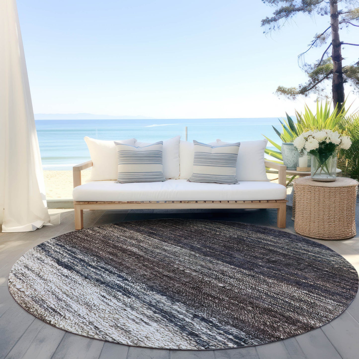 8' Beige Ivory And Brown Round Ombre Washable Indoor Outdoor Area Rug
