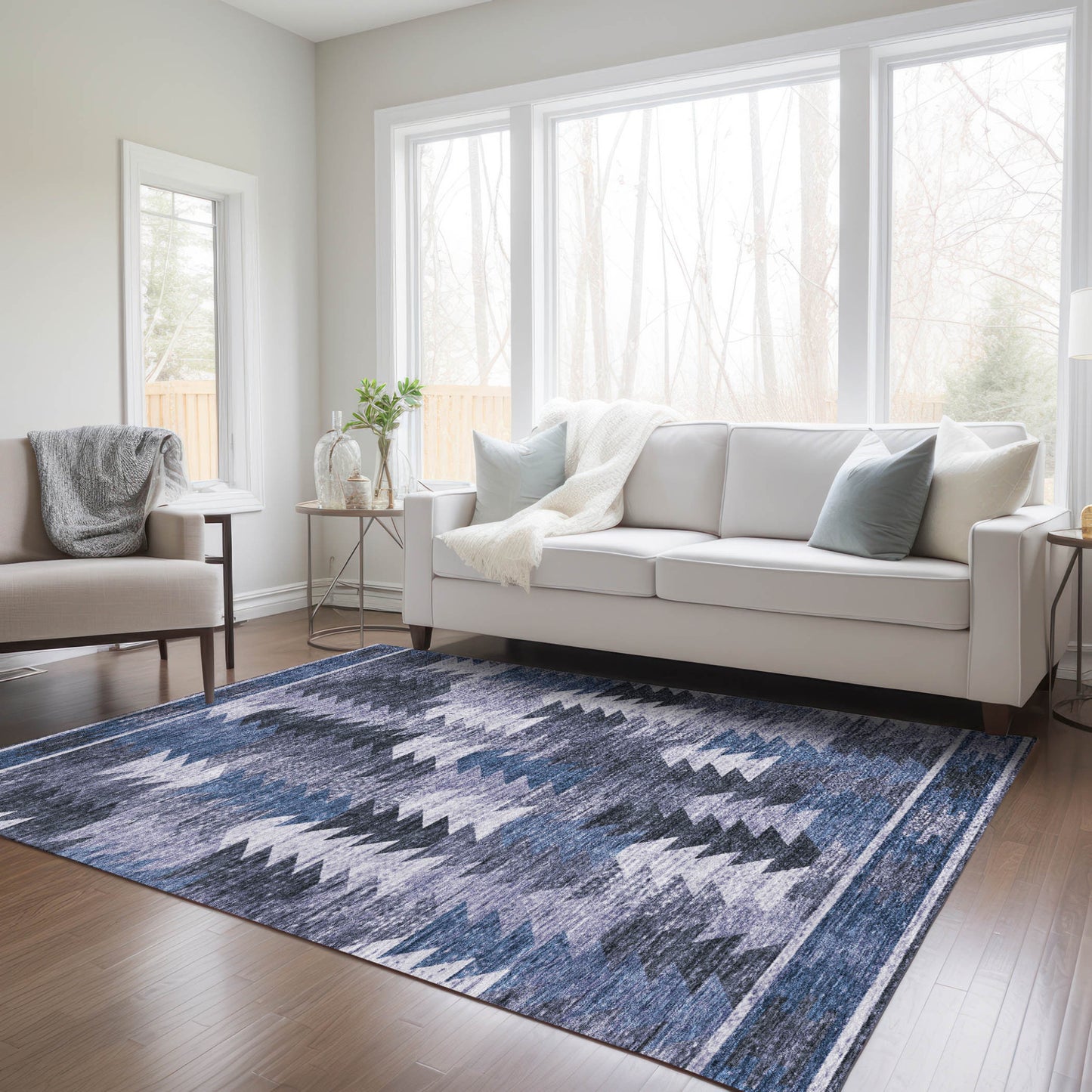 3' X 5' Navy Blue And Sky Blue Southwestern Washable Indoor Outdoor Area Rug