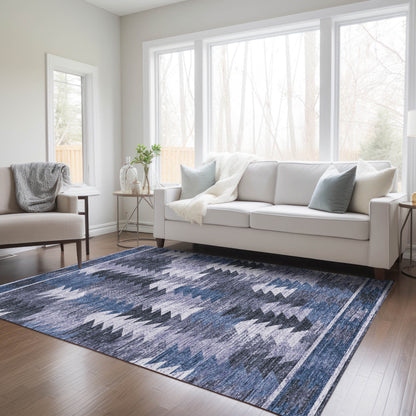 3' X 5' Navy Blue And Sky Blue Southwestern Washable Indoor Outdoor Area Rug