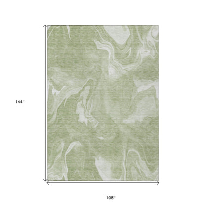 9' X 12' Artichoke Green Fern Green And Ivory Abstract Washable Indoor Outdoor Area Rug