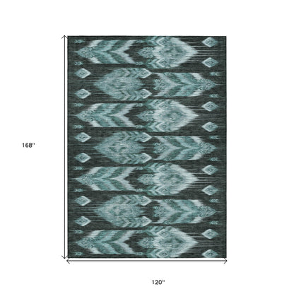 10' X 14' Teal Blue Aqua And Charcoal Southwestern Washable Indoor Outdoor Area Rug