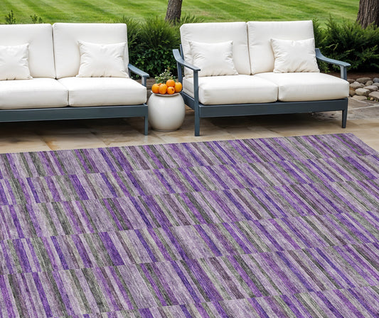9' X 12' Purple And Lavender Striped Washable Indoor Outdoor Area Rug